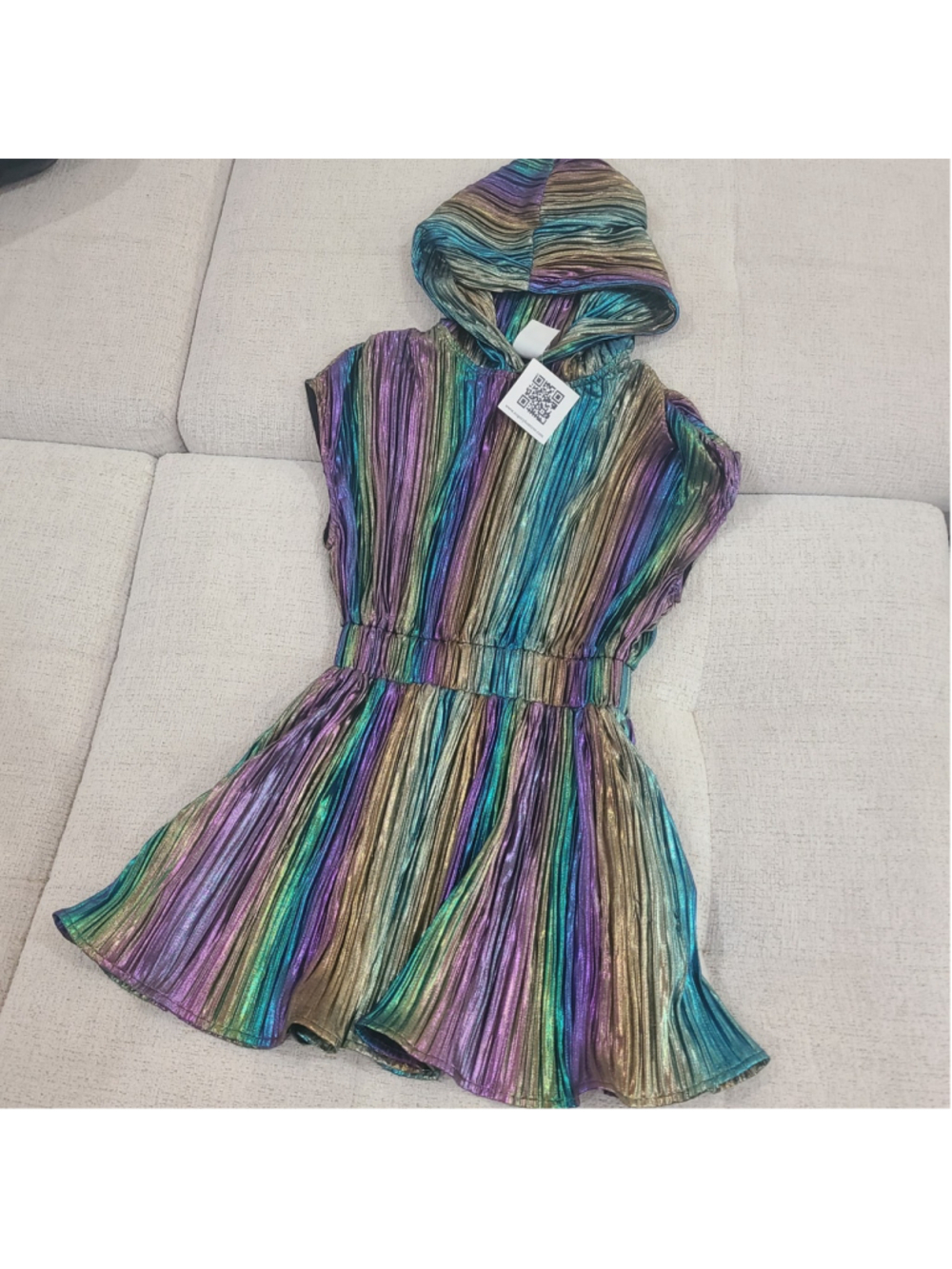NEW Queen of Sparkles Girls Iridescent Metallic Rainbow Hooded Dress Size L